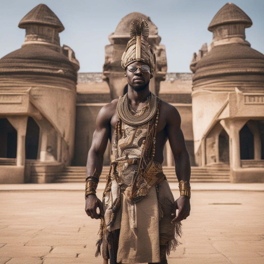 a decorated ancient African warrior standing in front of a palace
